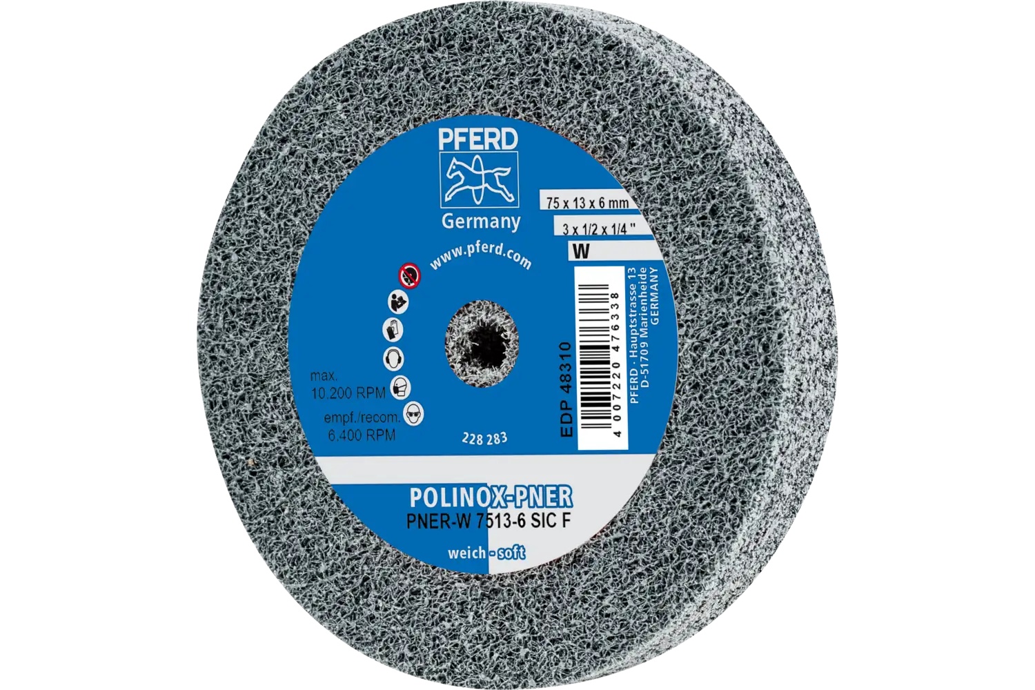 Picture of Pferd Polinox® Unitized Wheel, 3" X 1/2 X 1/4, Fine, Soft, 2Sf, Silicon Carbide